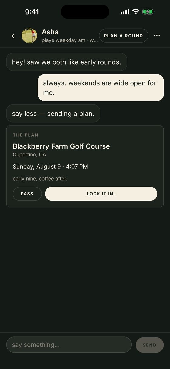 A Pindr chat thread with a proposed round — course, date and tee time — ready to lock in.
